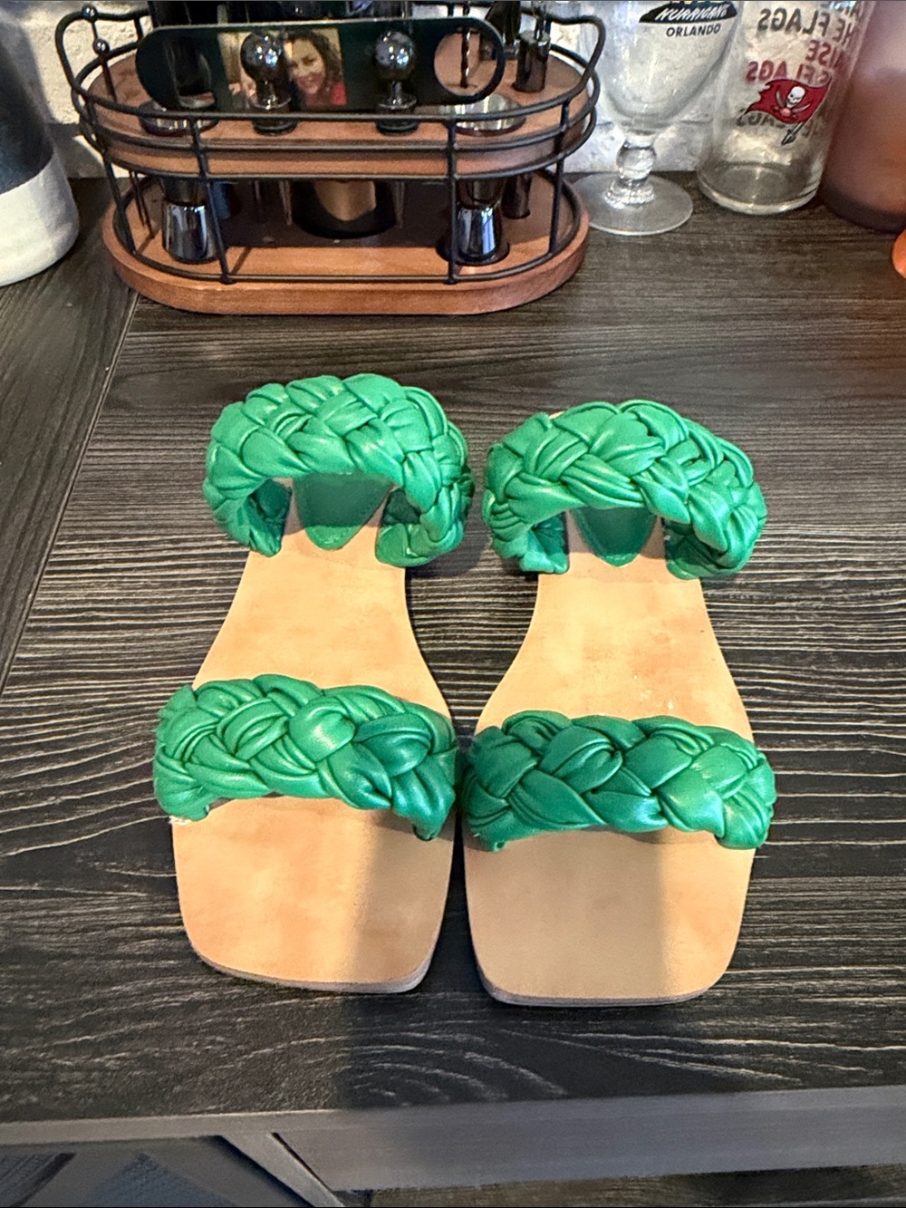 Guess Green Braided Double-Strap Slide Sandals